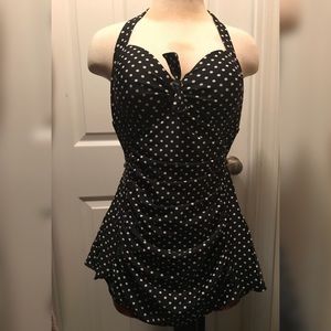 Backless black white polkadot one piece swimsuit